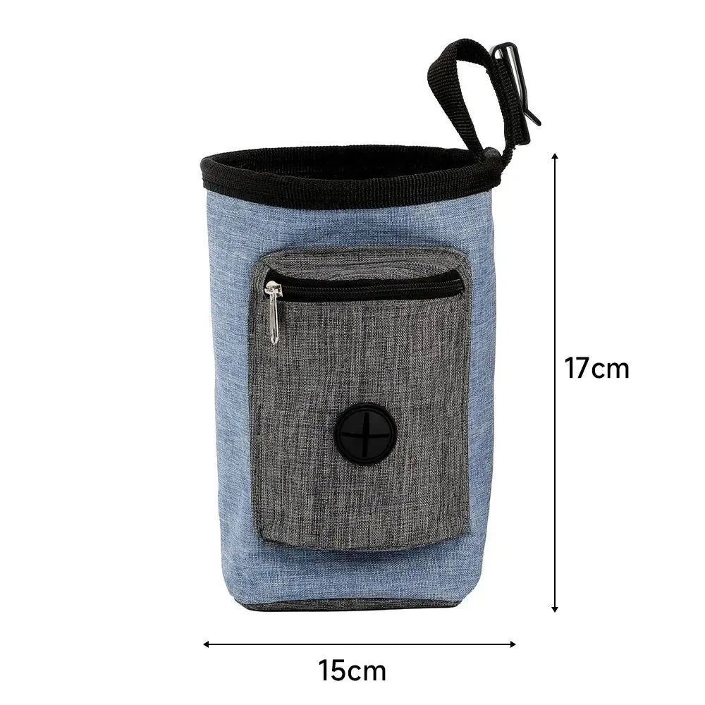 Adjustable elastic pet waist bag in blue colour with waterproof cloth compartments and plastic side clips