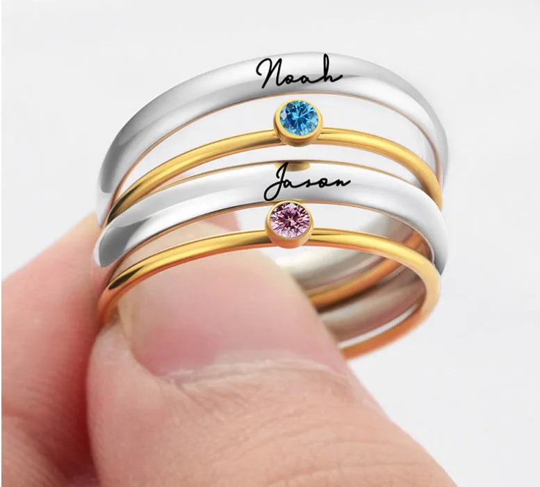 December birthstone titanium steel ring with gold electroplate and engraved geometry design.