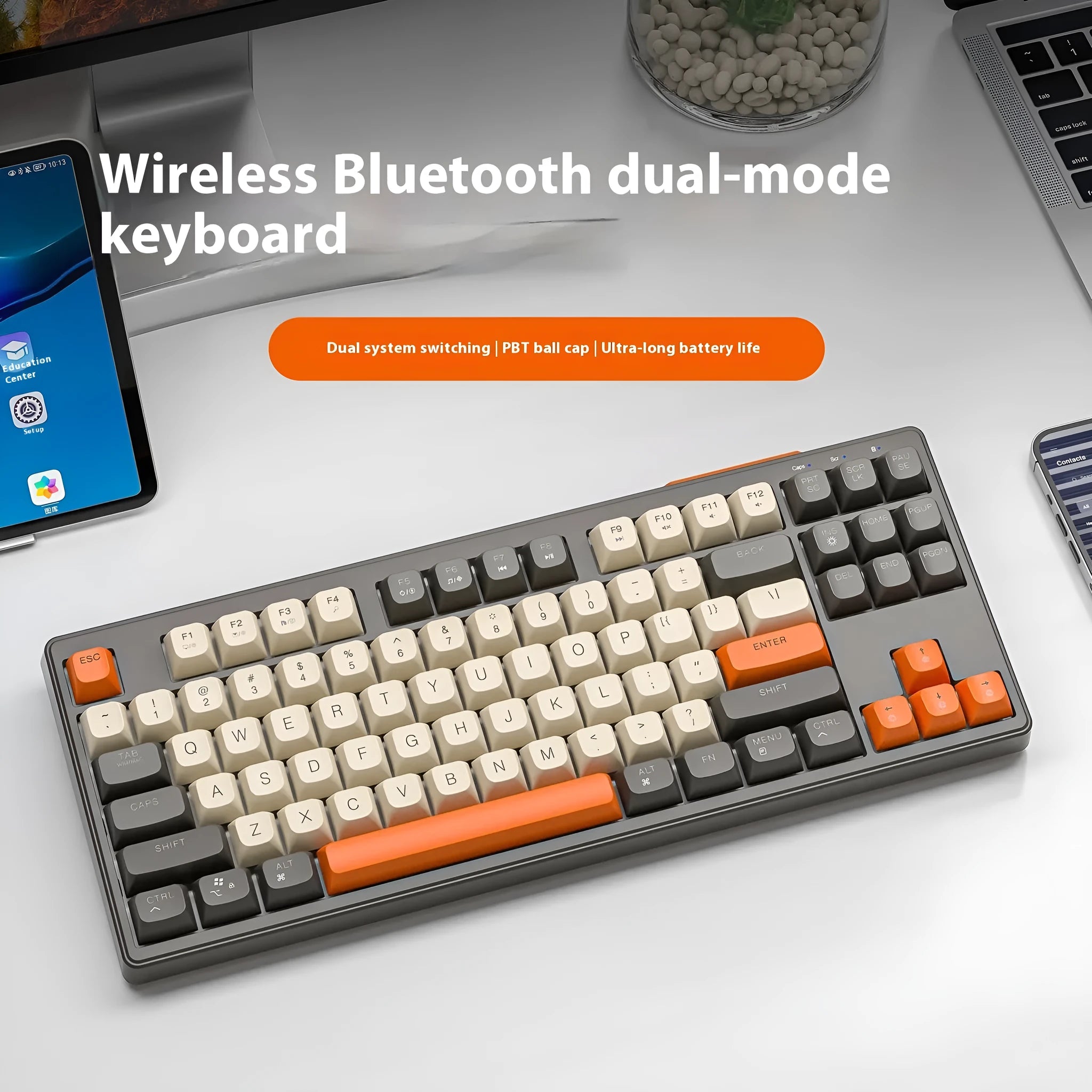 M87 wireless dual-mode mechanical feeling keyboard in blueberry colour on a desk.