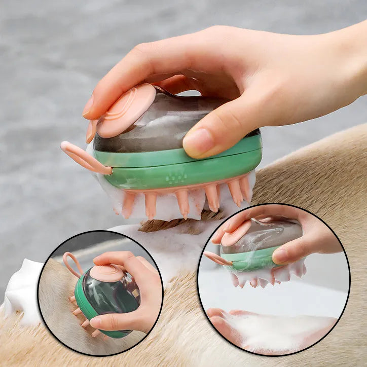 Blue and green 2-in-1 pet grooming brush with shampoo dispenser and silicone bristles