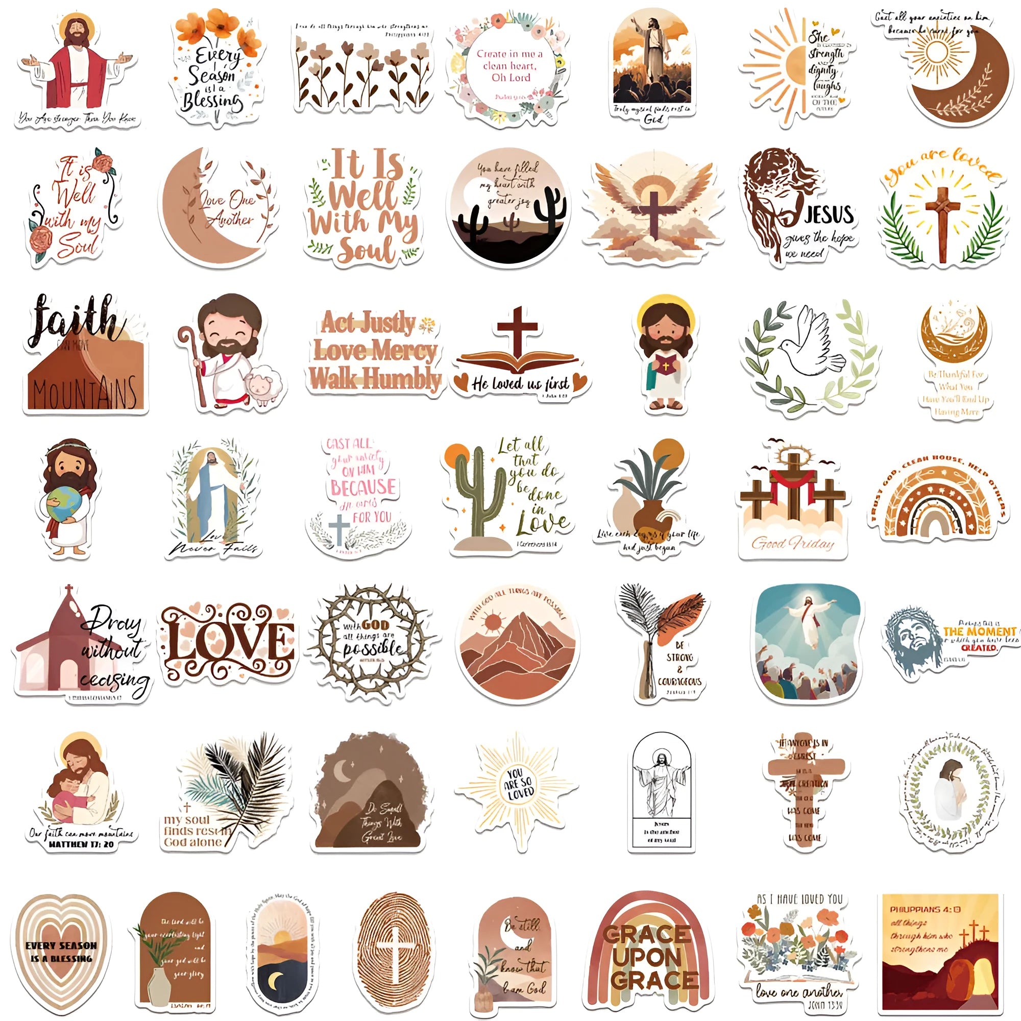Assortment of 50 colourful printed graffiti stickers with random patterns for decoration.
