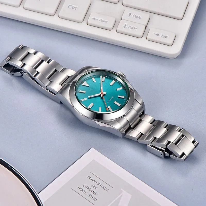 Precision steel men's mechanical watch with black dial, steel bracelet, sapphire crystal mirror, 100m waterproof