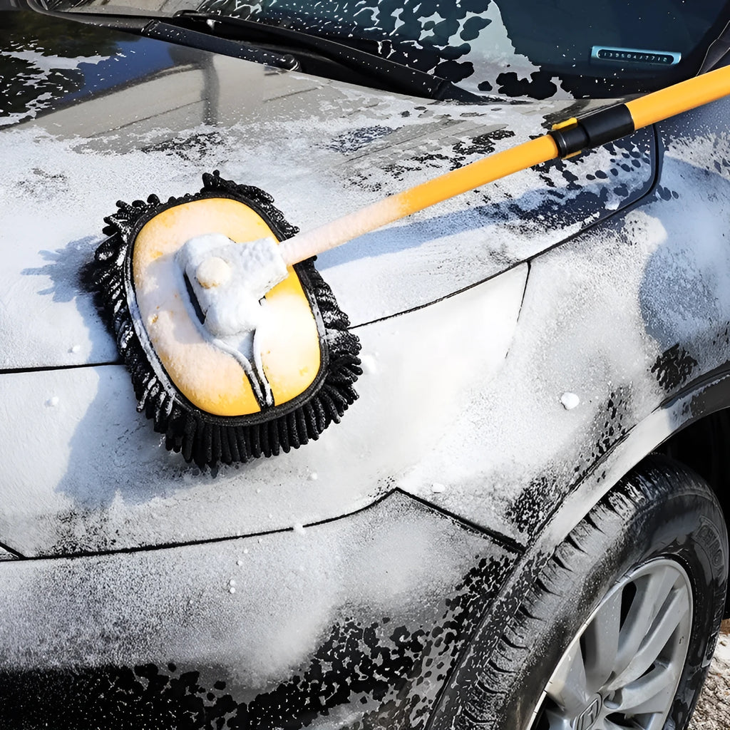 Telescopic curved aluminium car cleaning brush with soft chenille head, shown in yellow and blue colour options.