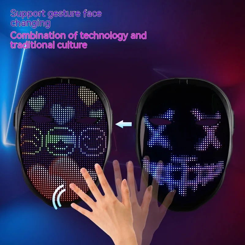 Avengers-themed electronic LED face mask with multi-colour changing lights on display.