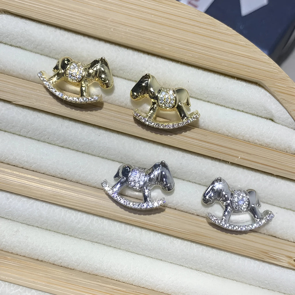 Diamond studded rocking horse earrings for women in Gold or Silvery, light luxury occasion jewellery