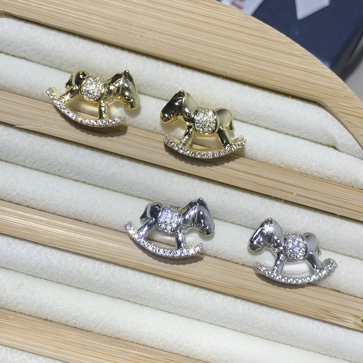 Diamond studded rocking horse earrings for women in Gold or Silvery, light luxury occasion jewellery