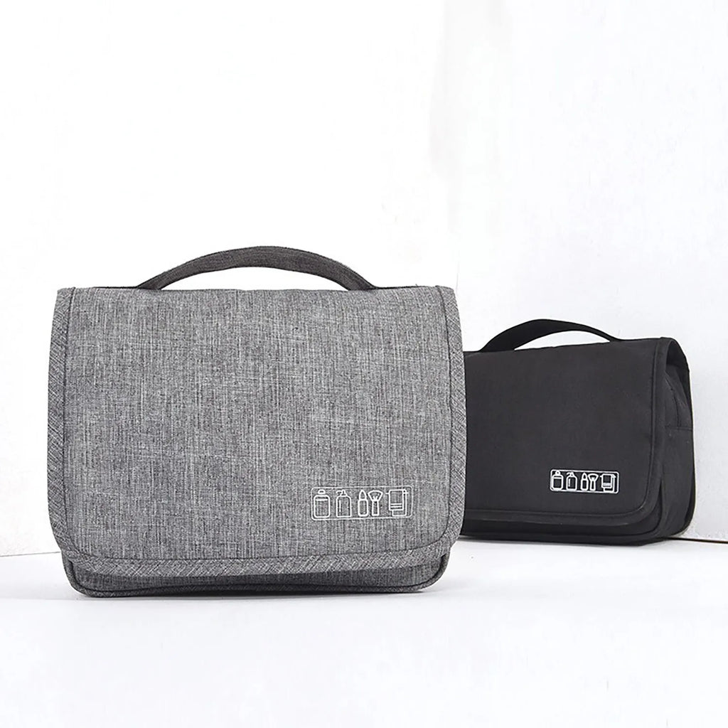 Waterproof nylon hanging toiletry bag with four zippered compartments and swivel hook, available in six colours.