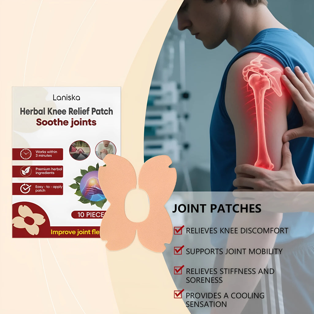 Open box showing ten LANISKA herbal moxa leaf and menthol joint care adhesive bandages.