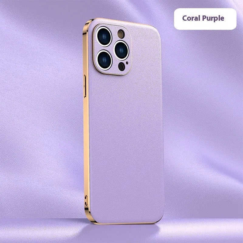 Genuine leather plating shell phone case with anti-fall protection for iPhone, plain Napa texture black