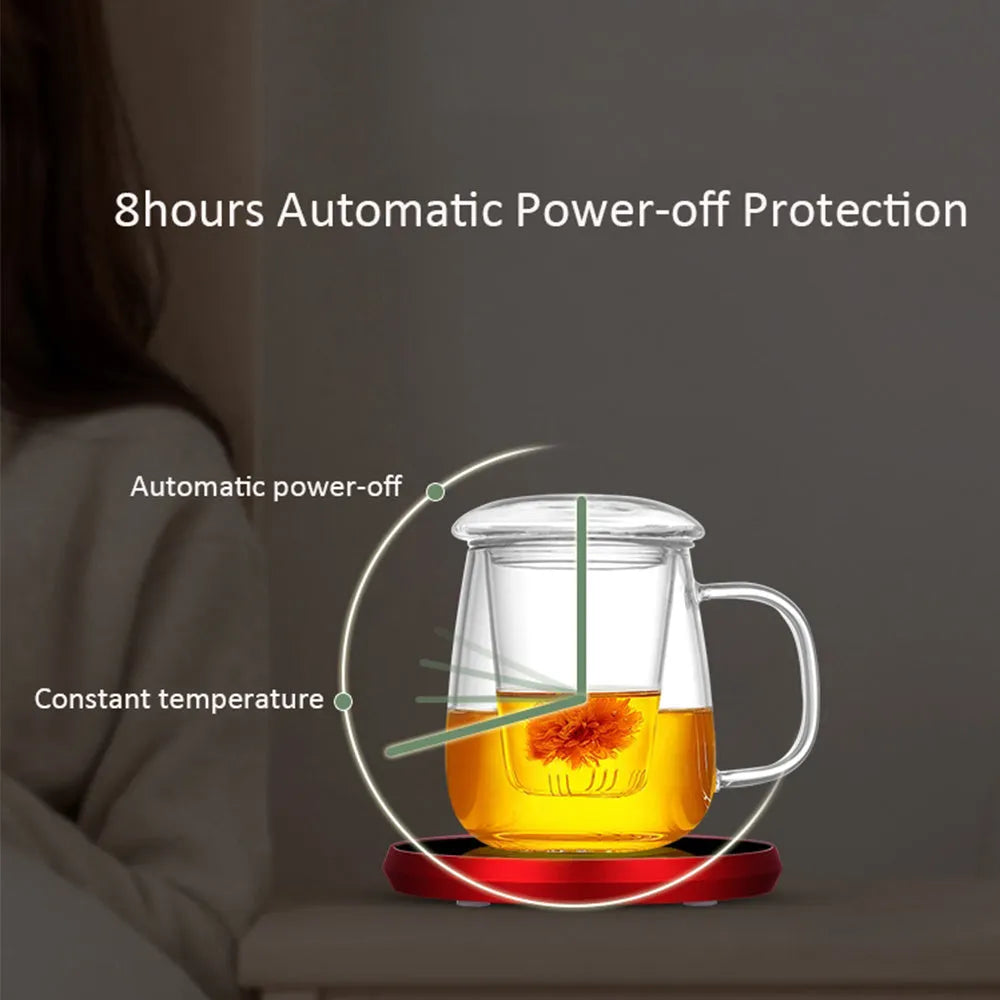 Black USB heating coaster with touch control for warming cups, showing three coloured indicator lights
