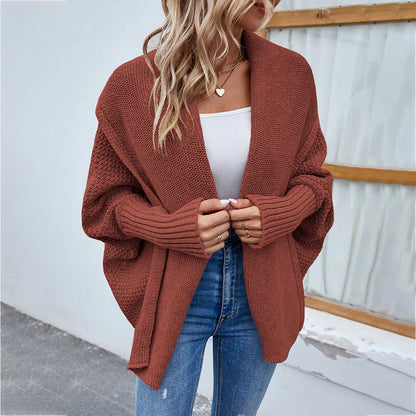 Cozy knit cardigan jacket in various colors with relaxed bat-wing sleeves and large lapel design for women's fall and winter fashion