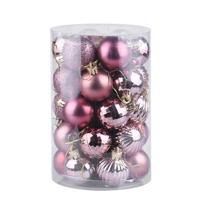 34-piece set of 4cm plastic Christmas balls in assorted colours with shiny finish for tree decoration