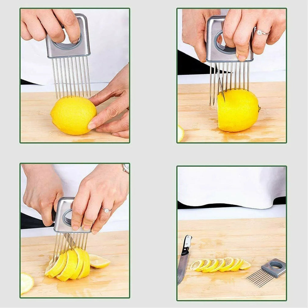 Stainless steel onion holder with prongs and finger guard for slicing vegetables