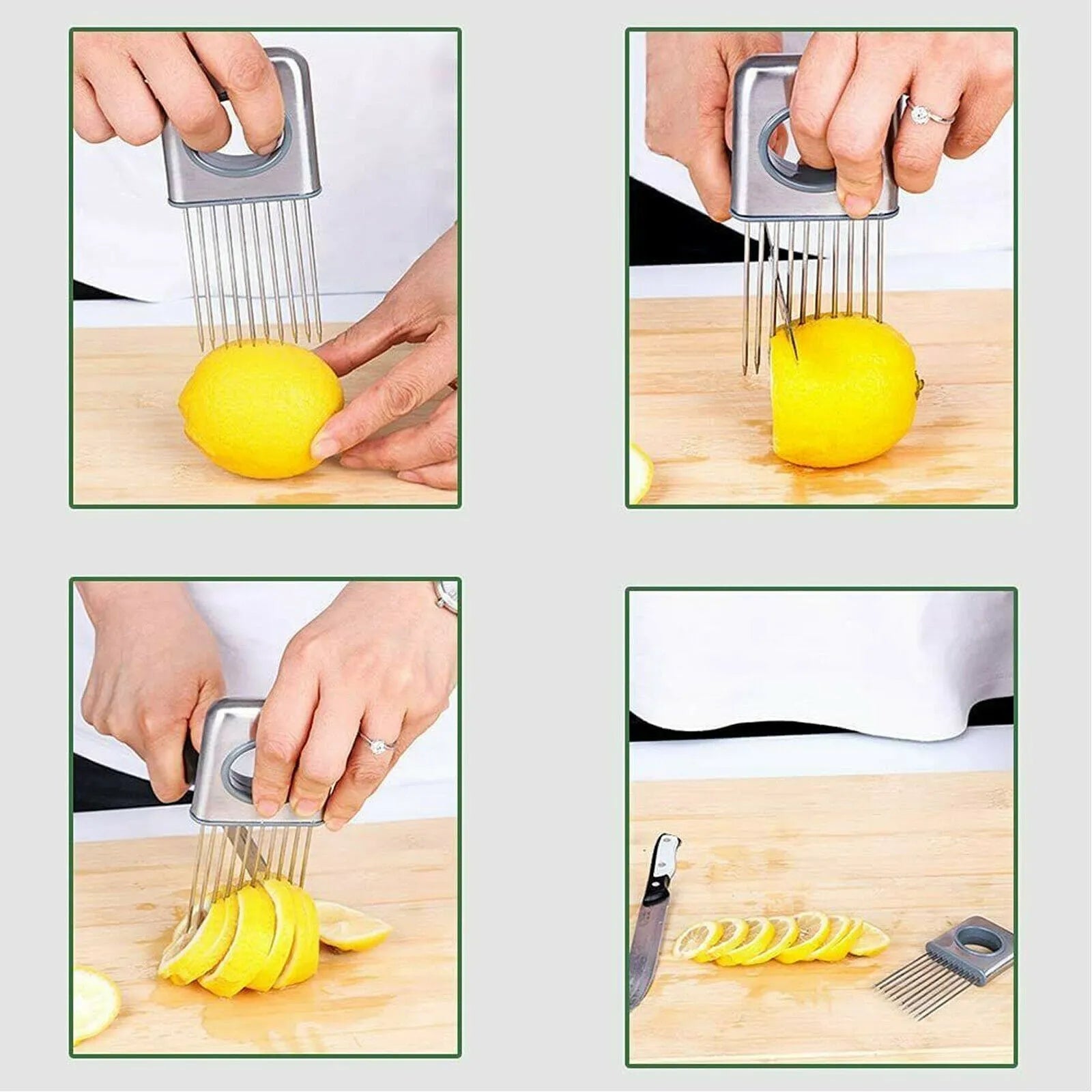 Stainless steel onion holder with prongs and finger guard for slicing vegetables