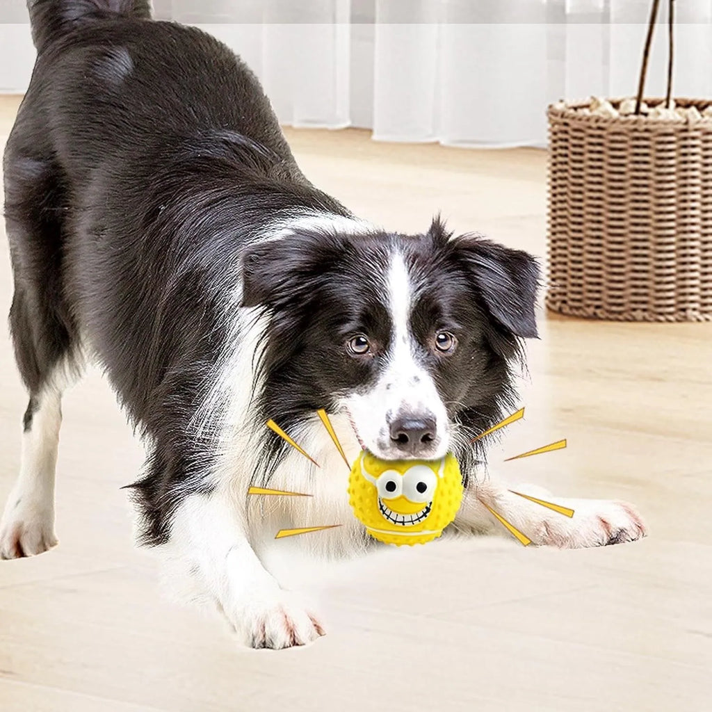 Green latex squeaky dog ball with smile face design for fetch and chew play