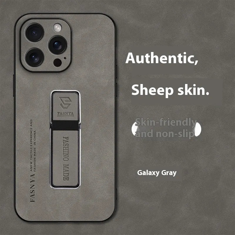 Magnetic bracket sheepskin protective cover for Apple iPhone, all-inclusive shockproof case with kickstand in black