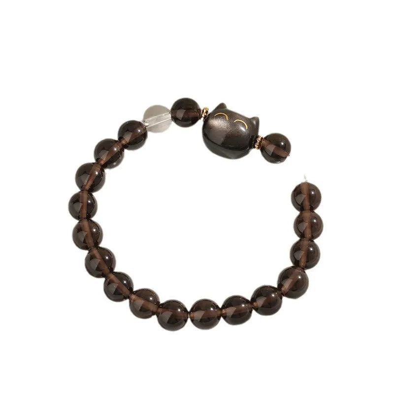 Women's silver tone bracelet with 8mm natural stone and cat head charm