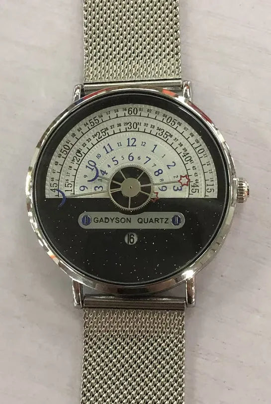 Men's M-1288 quartz watch with 40mm round alloy case, mineral glass, 24-hour dial, available in gold with stainless steel strap