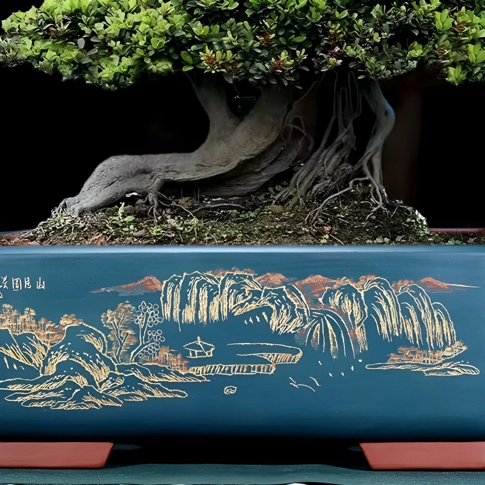 Handmade deep blue black rectangular purple clay flower pot for banyan tree or luohansong.