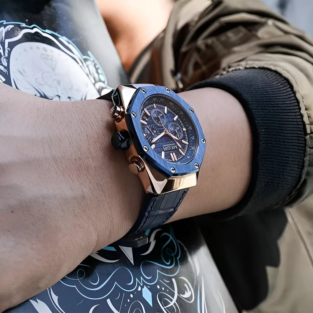 Men's waterproof quartz analogue watch with a steel belt, shown in blue, black, and rose gold-edge colour options.
