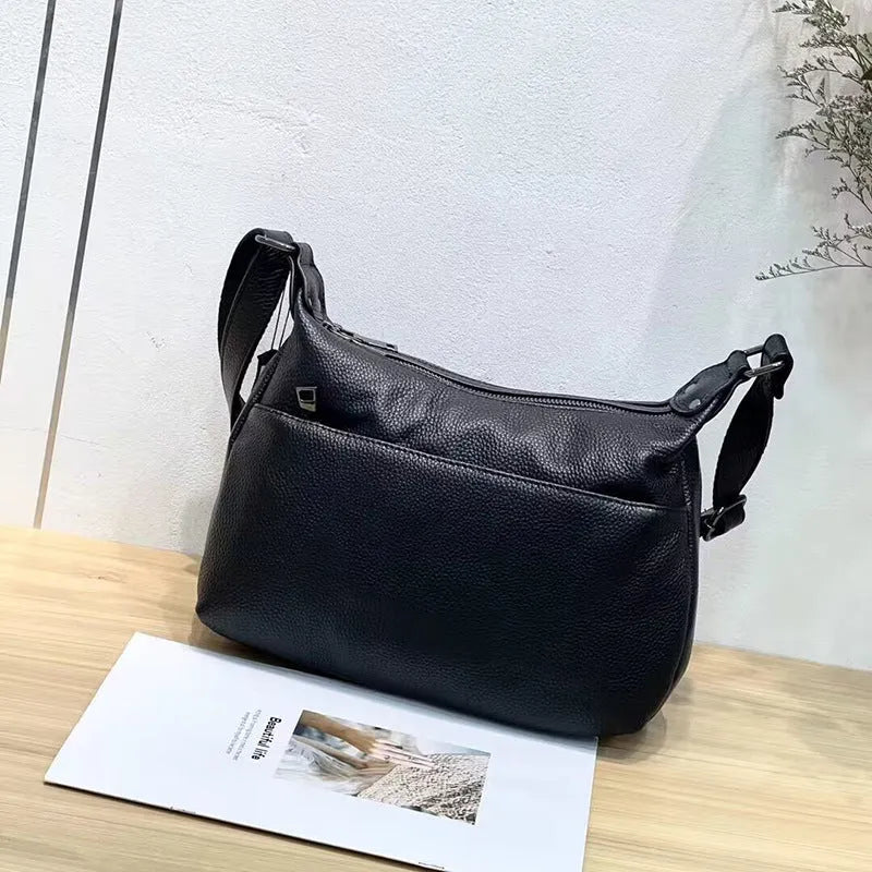 Genuine leather large capacity horizontal square shoulder crossbody bag with black plaid pattern
