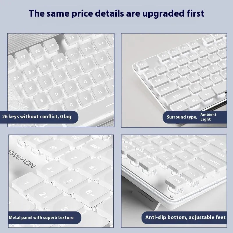 Wired mute computer keyboard with mechanical feel in Metal Black colour with blue backlighting on a desk.