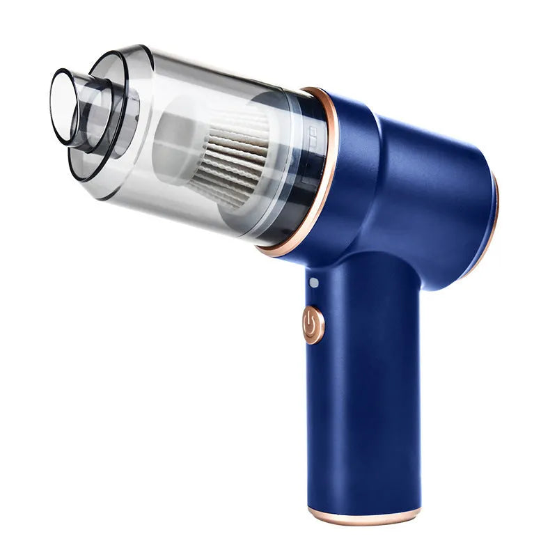 Mini rechargeable cordless handheld vacuum cleaner in Moran Blue with brush and long straw attachments