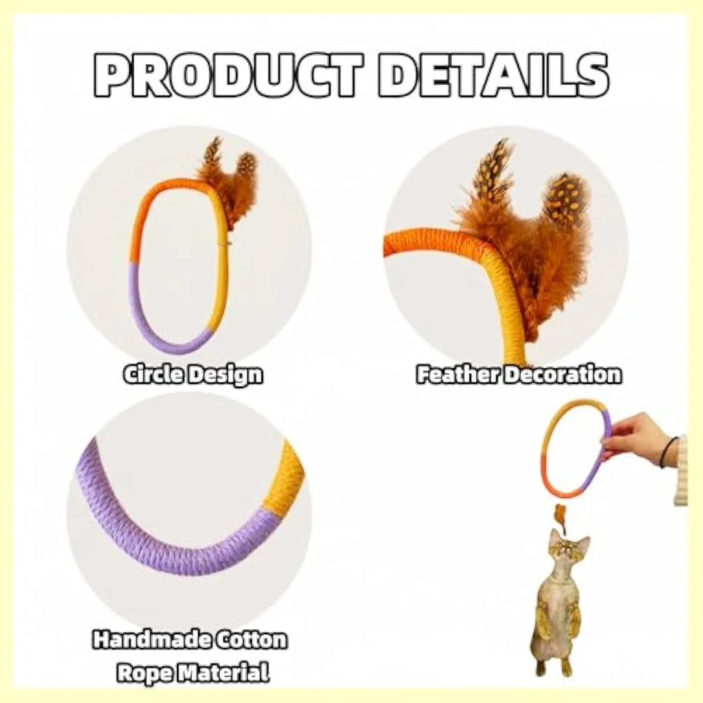 Green circular cotton rope cat toy with feathers and catnip for dental cleaning and interactive play