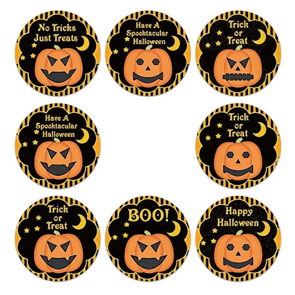 Roll of Halloween pumpkin pattern stickers, 500 pieces, PVC, 1 inch / 2.5 cm, candy colours