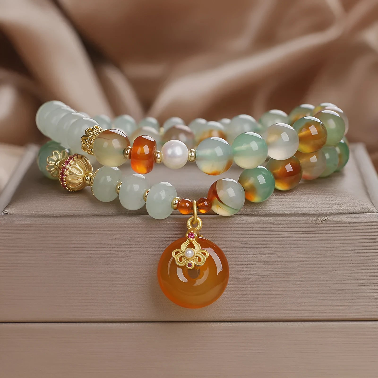 Crystal double ring bracelet in peacock green agate with pearls rhinestones and sequins for women