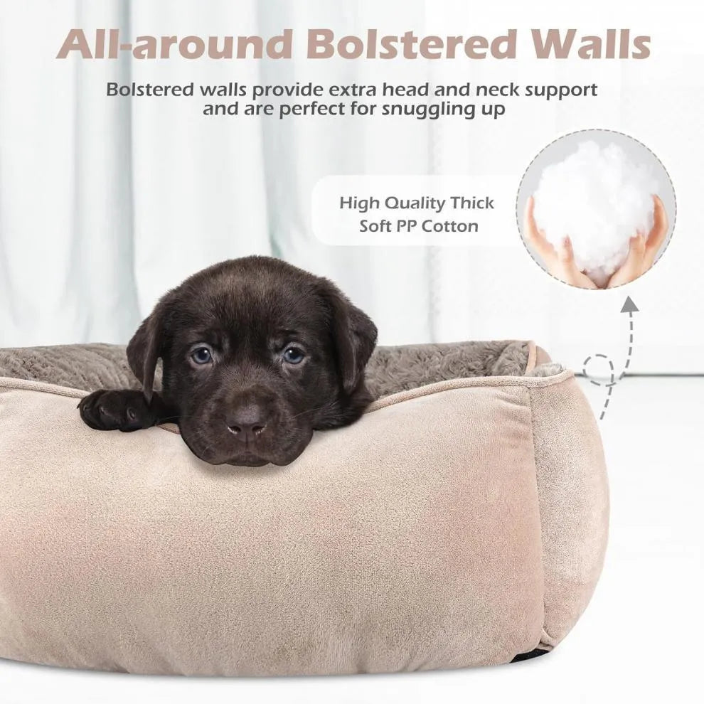 Beige enclosed oval dog kennel bed with artificial fur lining and removable cushion.