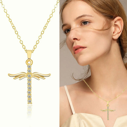 Elegant angel wings cross pendant necklace with stainless steel chain for women's fashion and jewelry gift