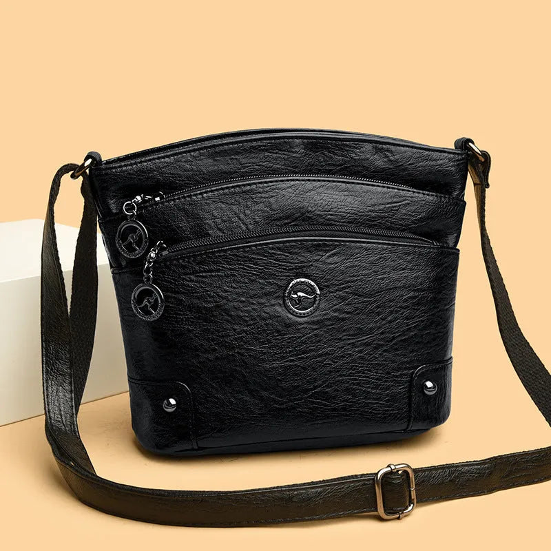 PU single-shoulder bag horizontal square 21x20x9cm sandwich pocket black colour women's daily bag