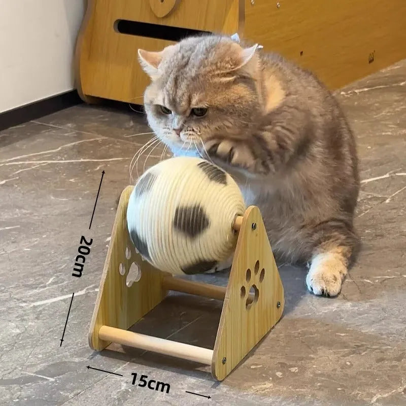 Vertical wooden cat scratch board with sisal rope surface in football style for claw grinding