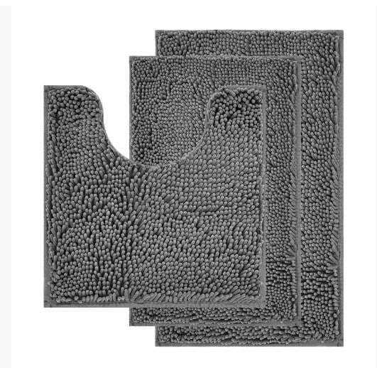 Chenille three-piece bathroom carpet set with U-shaped toilet mat and two rectangular mats in modern simplicity design