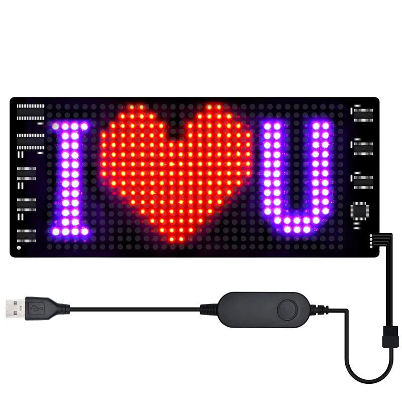 Programmable flexible LED car sign displaying custom animated text on a 7x17cm screen.