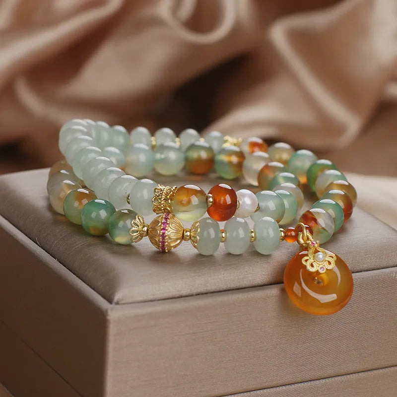 Crystal double ring bracelet in peacock green agate with pearls rhinestones and sequins for women