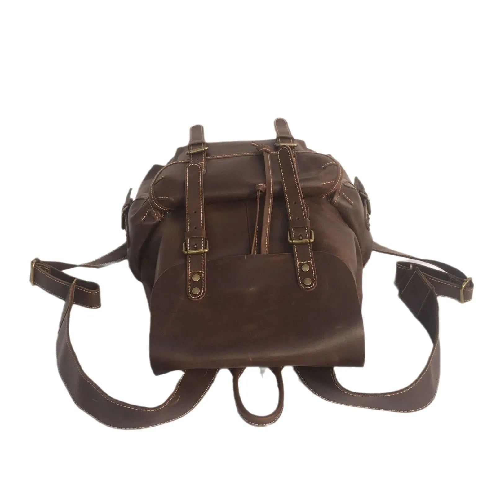 Coffee brown genuine leather men's backpack with air pillow belt back support system