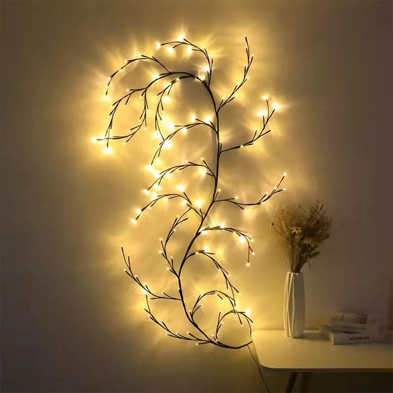 Flexible LED willow vine light garland with birch bark texture and warm white lights