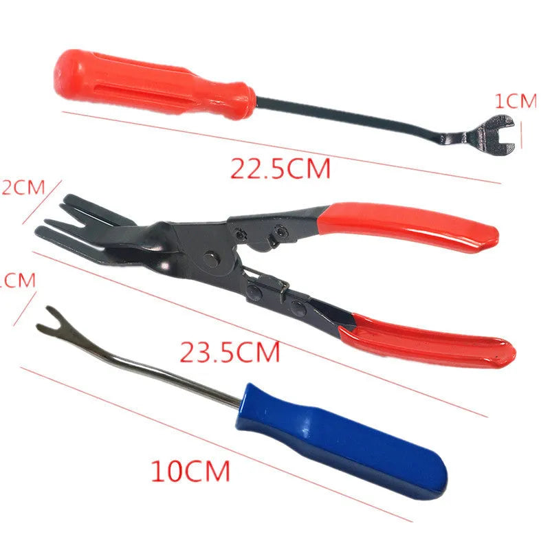 Red handle automotive clip driver tool for GM vehicle door panel installation with light switch pliers