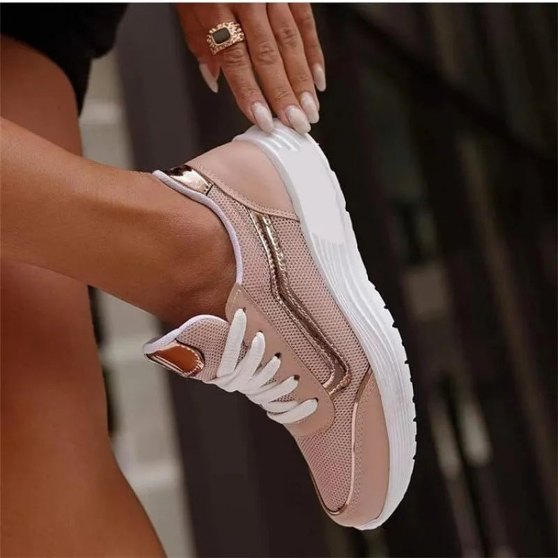 Lace-up sports style low-top shoes for women, rubber sole, mesh lining, mid-top, available in white black pink