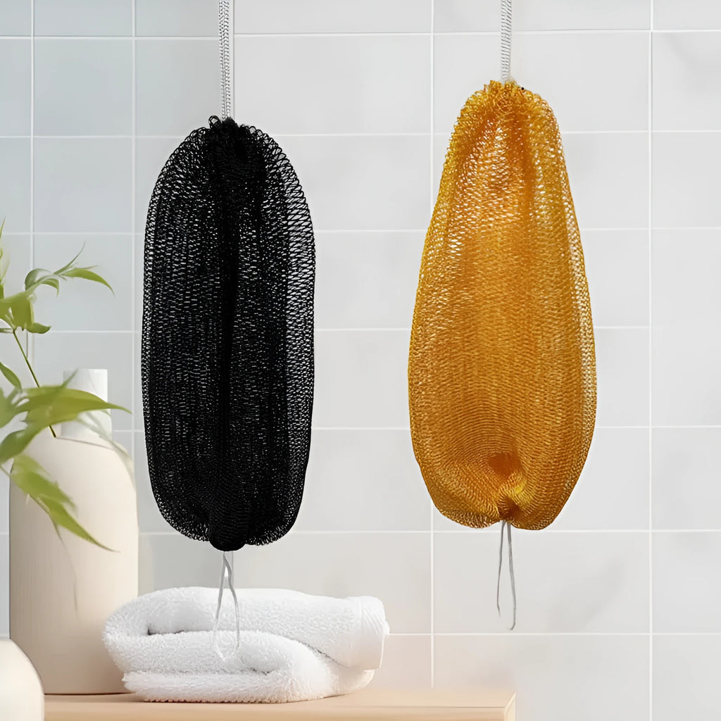 Nylon polyester bath sponge towel with drawstring, 70g, shown in six colours including black and pink