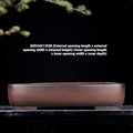 Handmade antique rectangular purple clay flower pot showing its dimensions and natural finish.