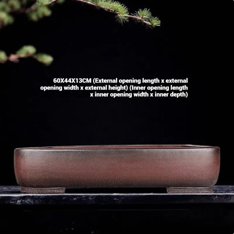 Handmade antique rectangular purple clay flower pot showing its dimensions and natural finish.
