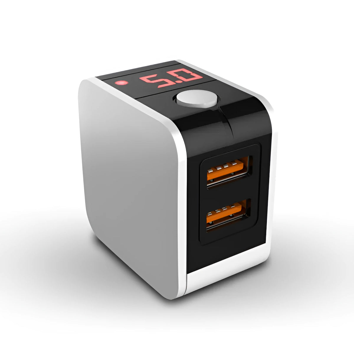 5V2.4A dual USB travel charger with digital display in black, white, or red, showing US and EU plug options.