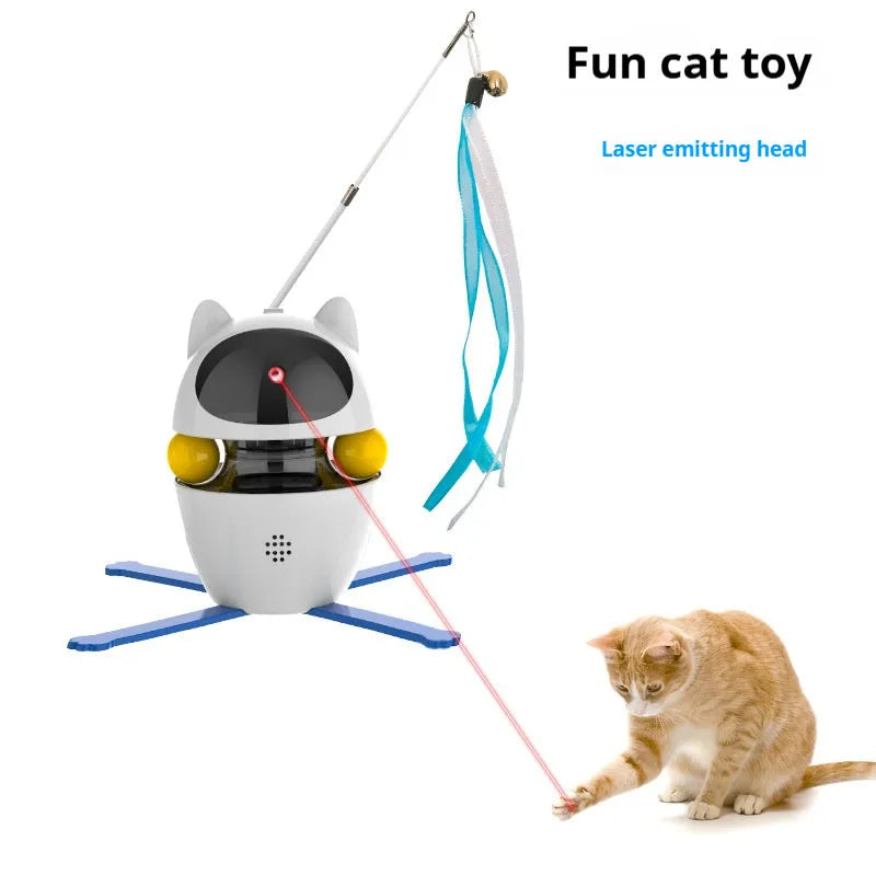 Automatic rotating electronic cat toy with feather teaser on an elastic rope, suitable for indoor cats