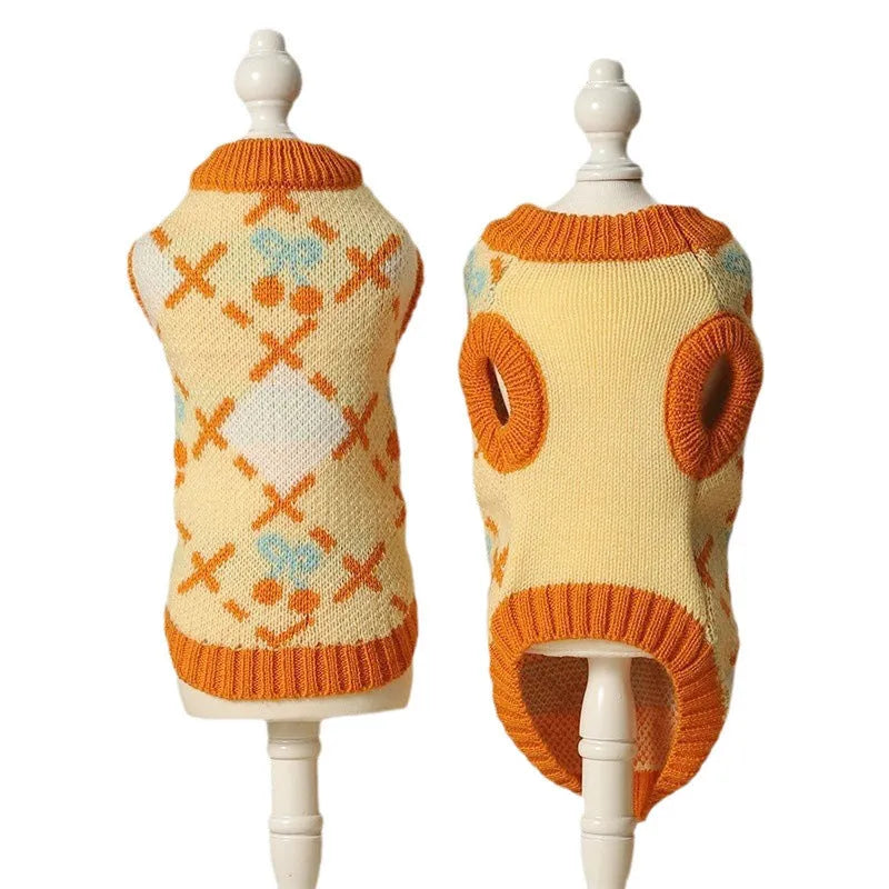 Orange cat sweater for autumn and winter wear, shown on a cat, with sizing options from S to XL.