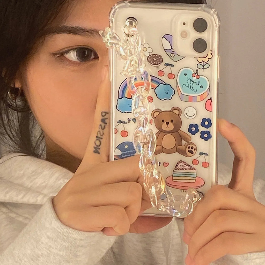 iPhone mobile phone case with a bear chain and pendant in a cartoon style.