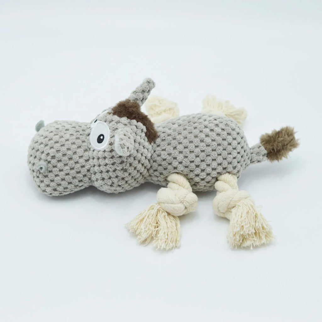 Grey donkey-shaped plush dog toy with cloth velvet texture and creak sound mechanism