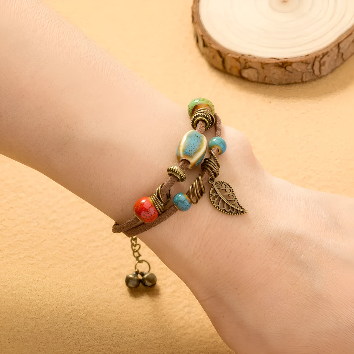 Hand-woven cowhide rope bracelet with ceramic beads in blue or white geometric bohemian style